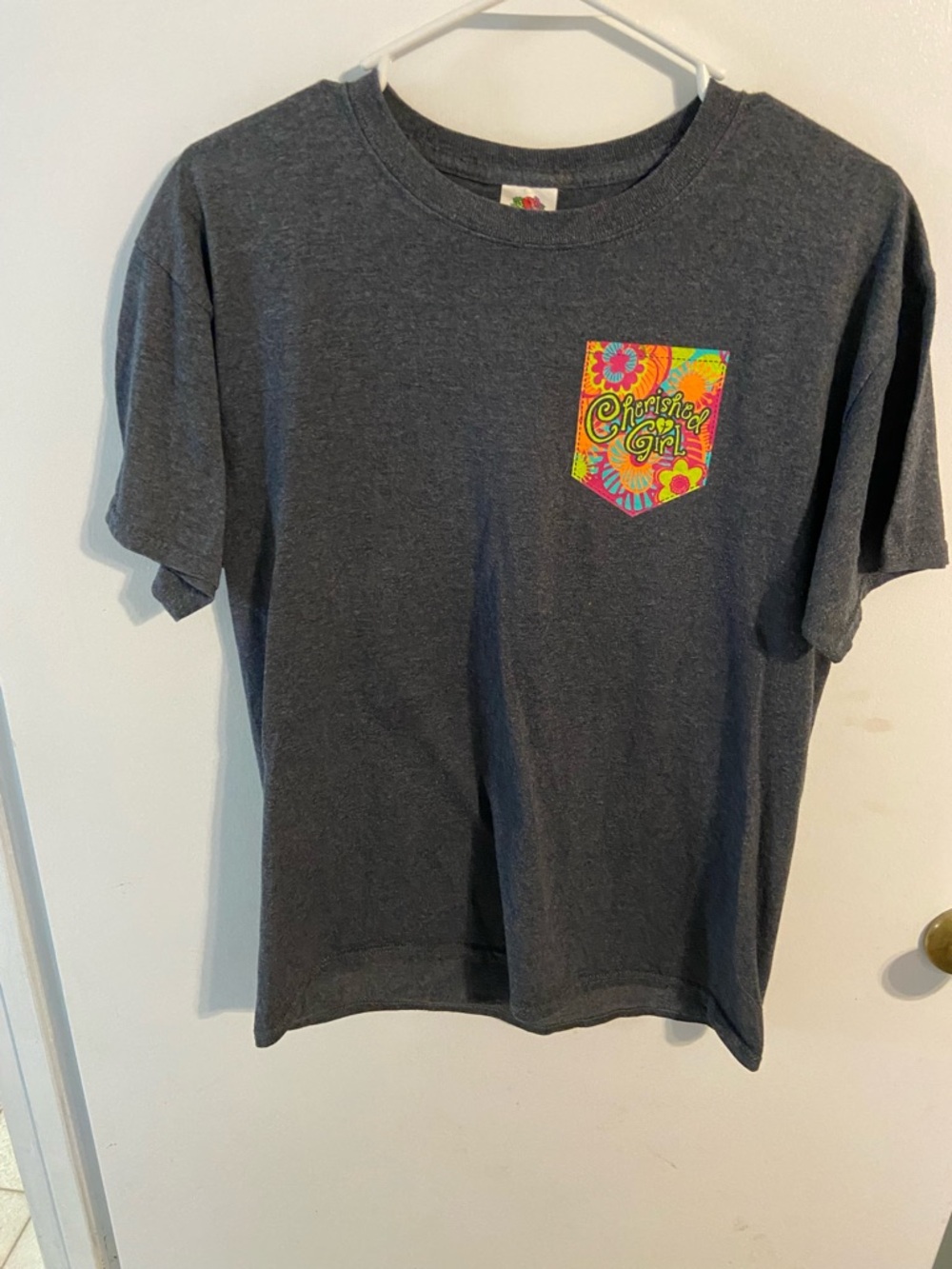 Fruit of the Loom Charcoal Tee with Neon Floral Pocket - Woman’s